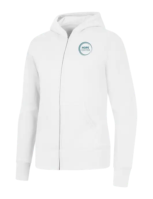 White Womens Core Fleece Full-Zip Hooded Sweatshirt w/Hope Center Logo